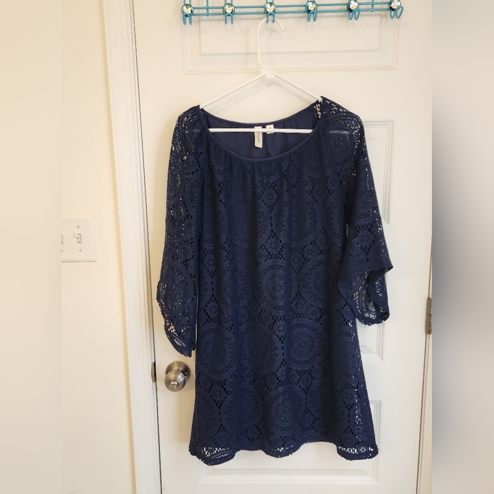 Tacera Blue Lace Dress Midi Half Bell Sleeve Size S Lined #D688